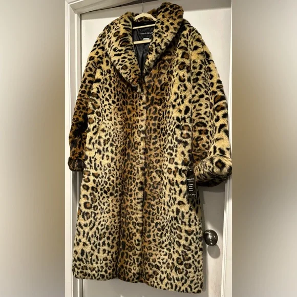 NWT Pamela McCoy Faux Fur Leopard Print Full Length Coat